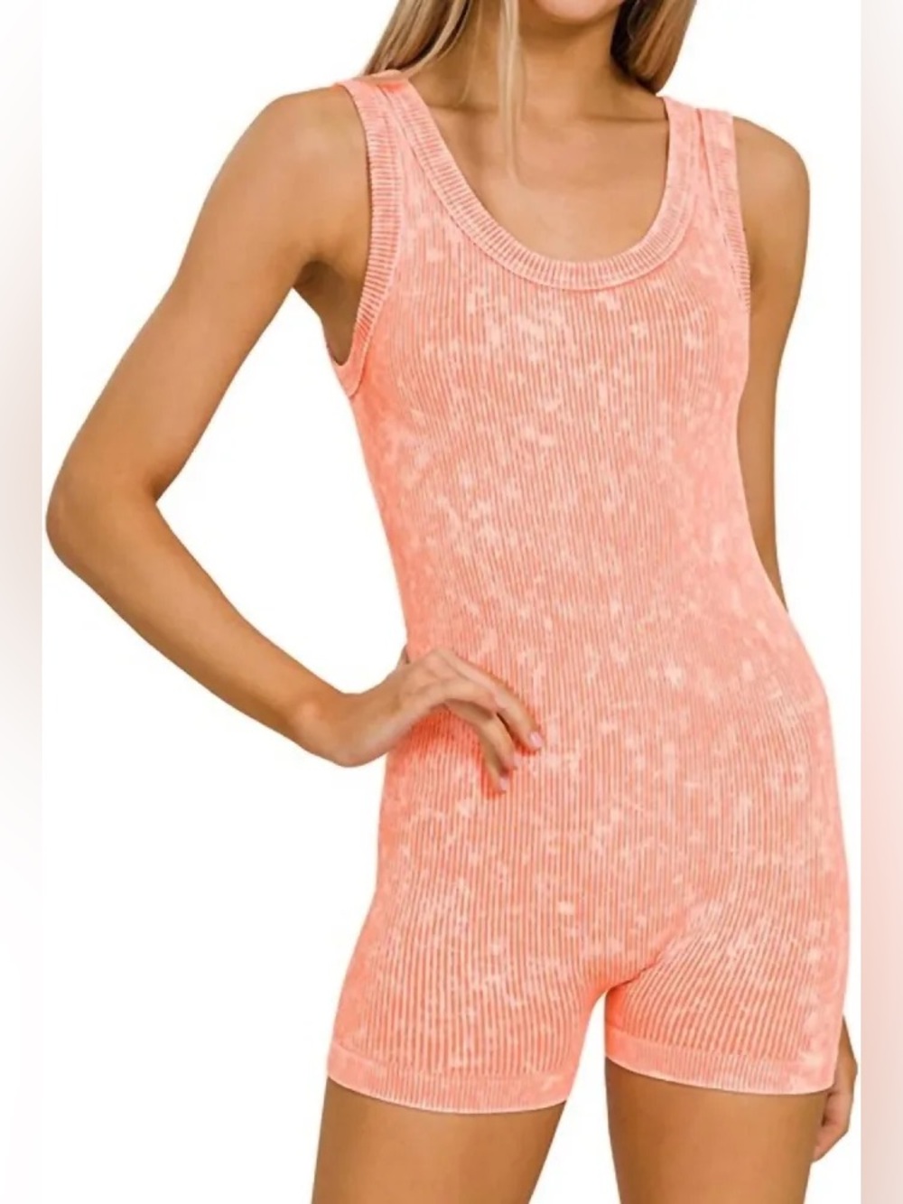 Zenana Stone Washed Ribbed Seamless Romper - NWT - Coral (see pic) S/M